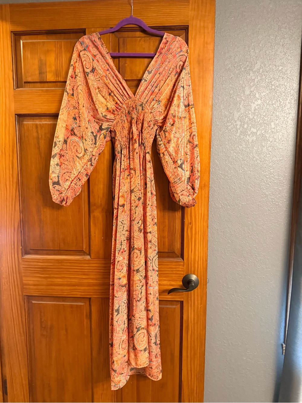 Boho V-Neck Long Sleeve Maxi Dress in Coral Paisley